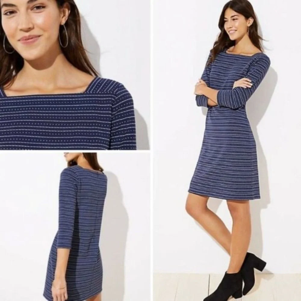 LOFT Blue/White Textured Stripe Square Neck Dress 3/4 Sleeve size Large …
